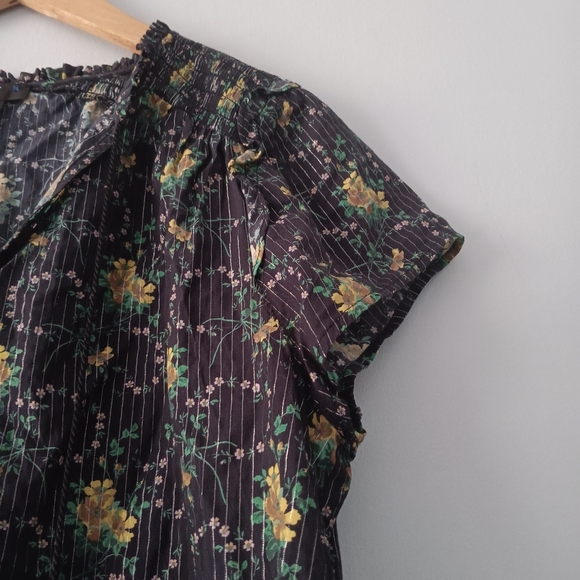 Paige Laramie Navy Floral Cotton Blouse with Tassel Tie Boho Short Sleeve M - Picture 5 of 7